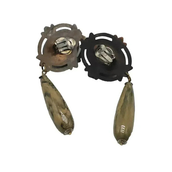 Beige Jasper Dangle Drop Earrings Brass Tone Clip-On Closure Vintage - Picture 4 of 5
